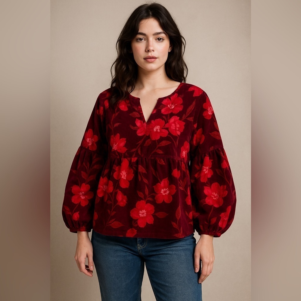 Sonoma Floral Corduroy Peasant Top Women’s PXL Burgundy Red Boho Coquette Hippie